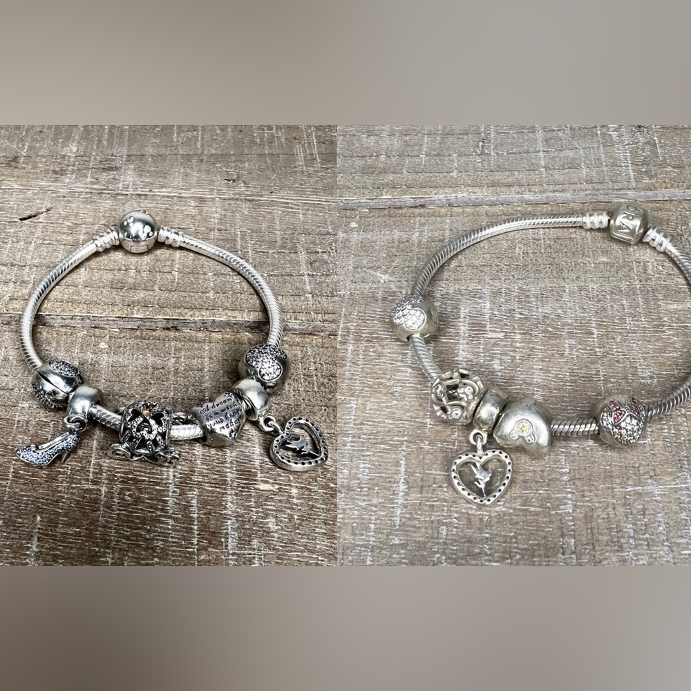 2 Pandora Sterling Bracelets W/ 11 Disney Charms Cinderella’s Carriage Slipper